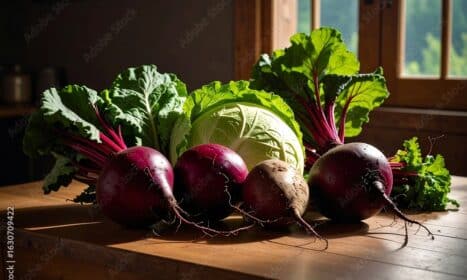 Fresh beets and cabbage on rustic wooden table