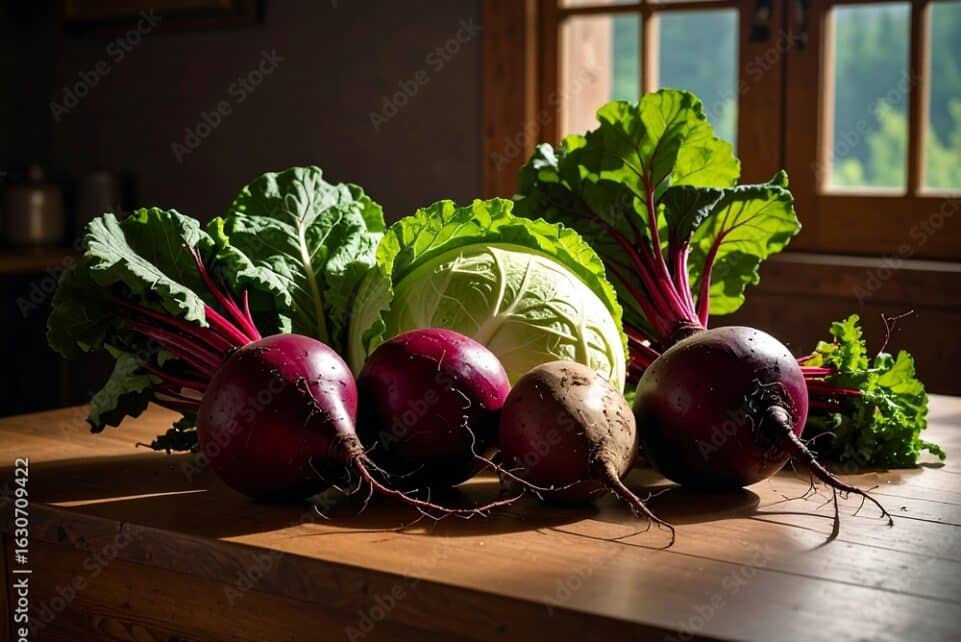 Fresh beets and cabbage on rustic wooden table