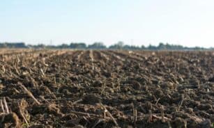 A close-up image of a freshly plowed farmland in springtime, ready for new crops.