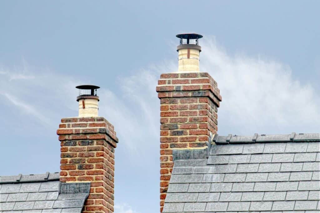 Close-up of traditional brick chimneys on a slate roof, England.