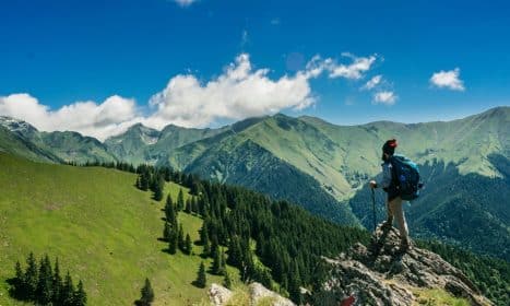 Adventurous hiker enjoying breathtaking views of lush green mountains in Romania under a clear blue sky.