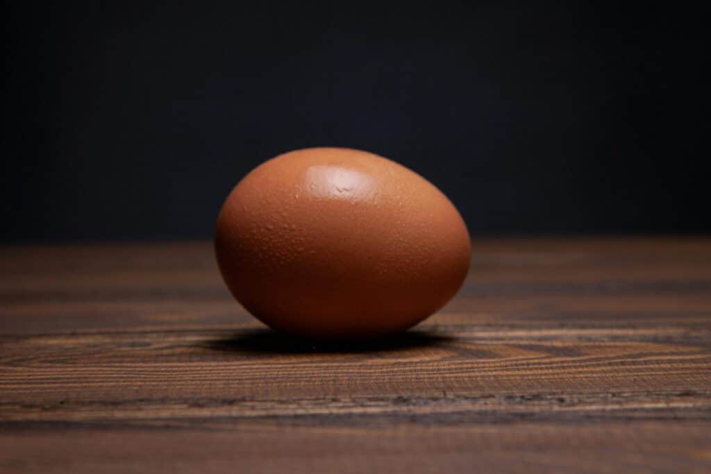 A single brown organic egg resting on a rustic wooden surface, perfect for culinary themes.