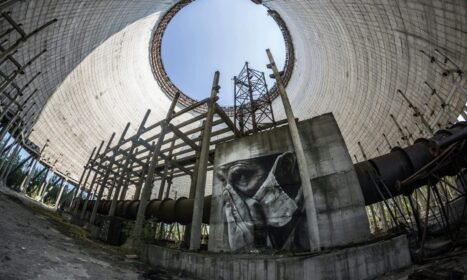Fisheye lens captures graffiti inside an abandoned Chernobyl reactor.