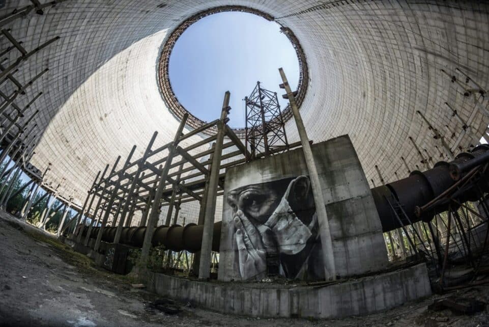 Fisheye lens captures graffiti inside an abandoned Chernobyl reactor.