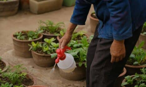 Close-up of a gardener watering potted plants with a spray bottle outdoors.