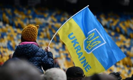 A child waving the Ukrainian flag in a stadium in Kiev, showcasing patriotism and unity.