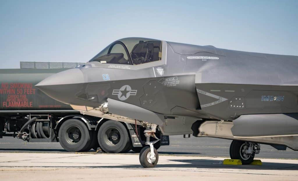 Close-up of an F-35B fighter jet parked at March Air Reserve Base in California.