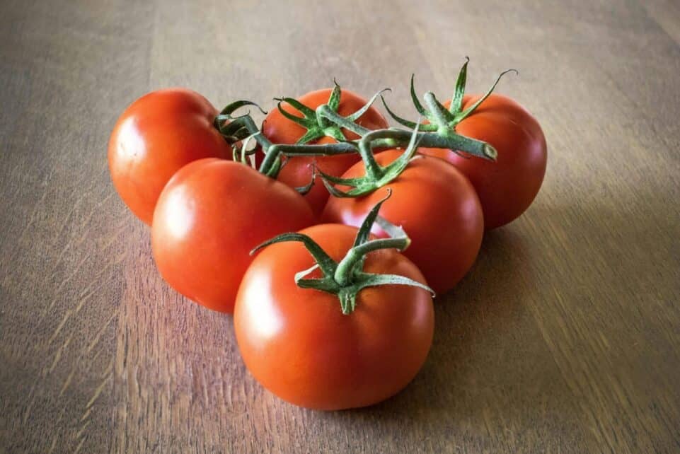 Ripe red tomatoes on a wooden table, showcasing their vibrant color and freshness.