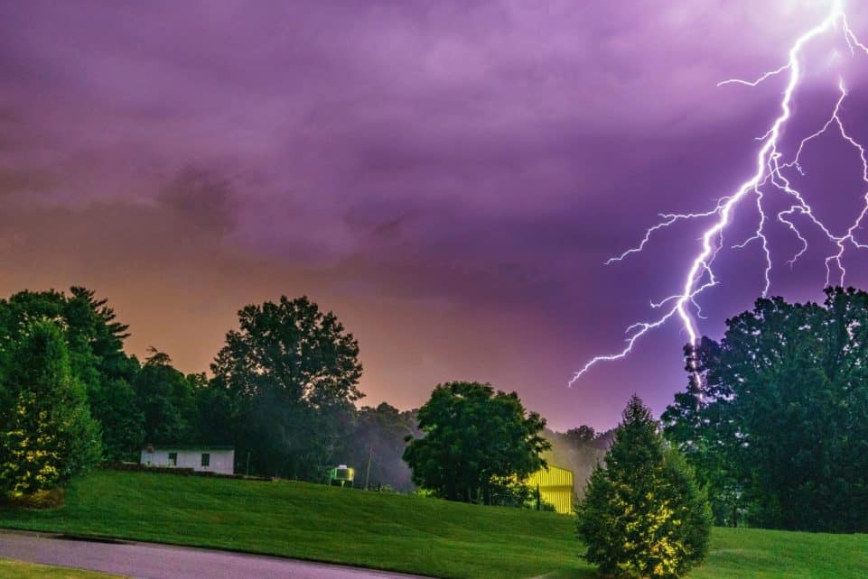 Striking photo capturing a vivid lightning bolt during a storm over a lush green landscape.