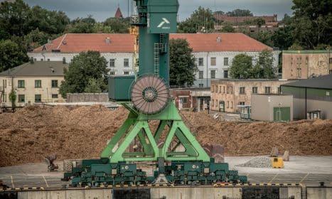A large green industrial crane at Klaipėda Harbor, Lithuania, amidst a backdrop of buildings and trees.