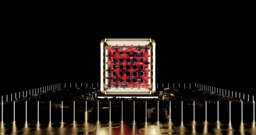 Abstract representation of a futuristic digital processor with glowing elements.