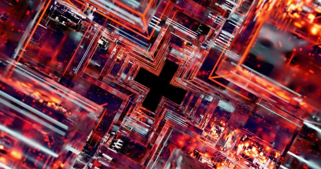 Abstract view of futuristic technology inspired circuitry in vivid colors.