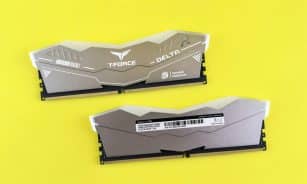 T-Force Delta RGB DDR5 memory modules on vibrant yellow surface.