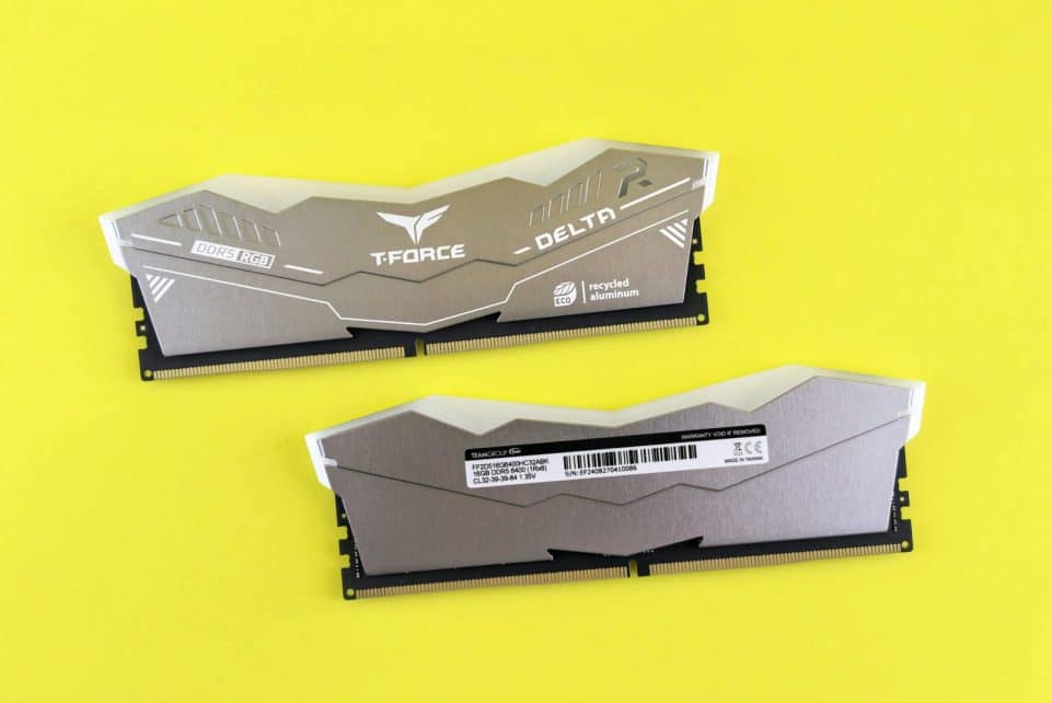 T-Force Delta RGB DDR5 memory modules on vibrant yellow surface.