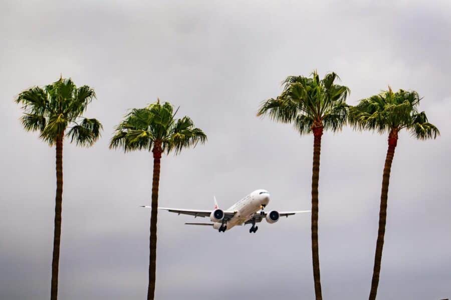 Airplane landing at Los Angeles International Airport surrounded by palm trees under cloudy skies.
