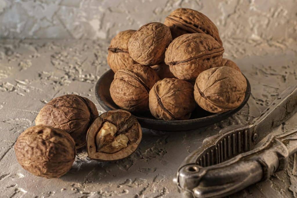 Artistic arrangement of walnuts with metal nutcracker on textured surface.