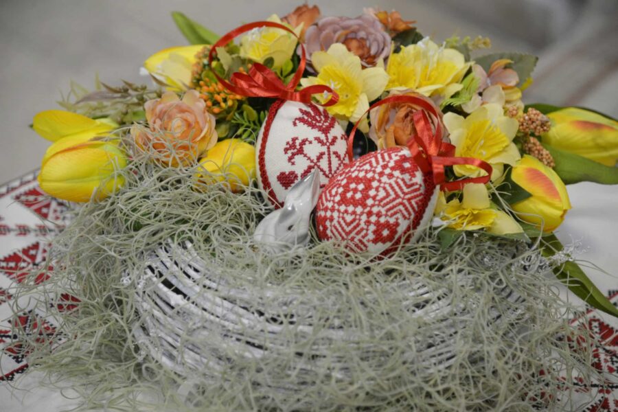 Vibrant Easter basket with cross-stitched eggs and spring flowers.