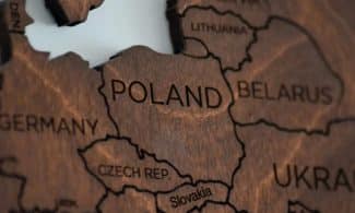 Detailed wooden map featuring Poland and surrounding countries.