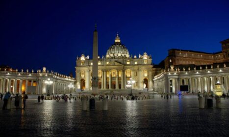 Stunning night view of St. Peter's Basilica in Vatican City, illuminated against a clear sky.