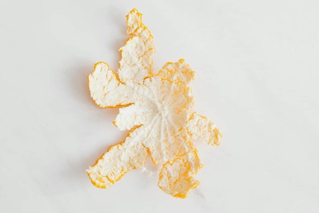 Artistic minimalist image of a single orange peel on a white surface.