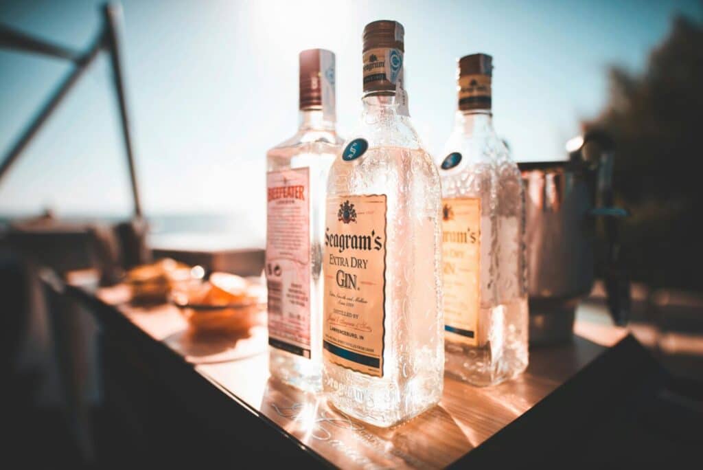Chilled bottles of gin and vodka on a sunlit outdoor table, ideal for a summer celebration.