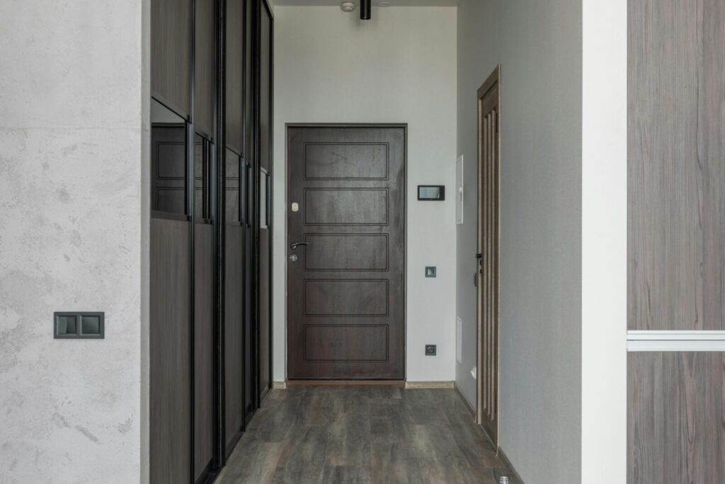 Wooden door against narrow passage with parquet and closet in contemporary house in daylight
