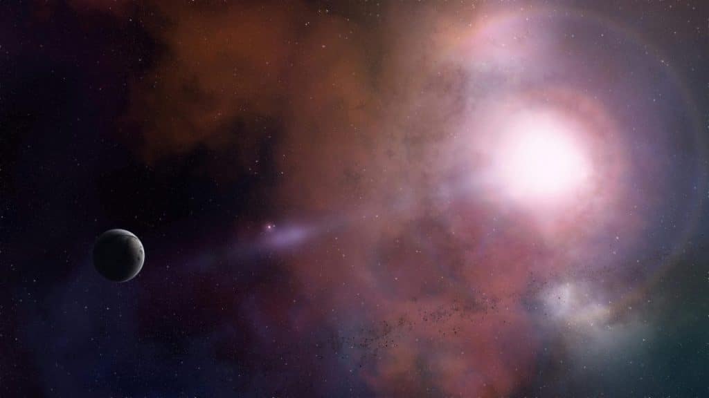 A mesmerizing view of the cosmos featuring a glowing nebula and distant planet.