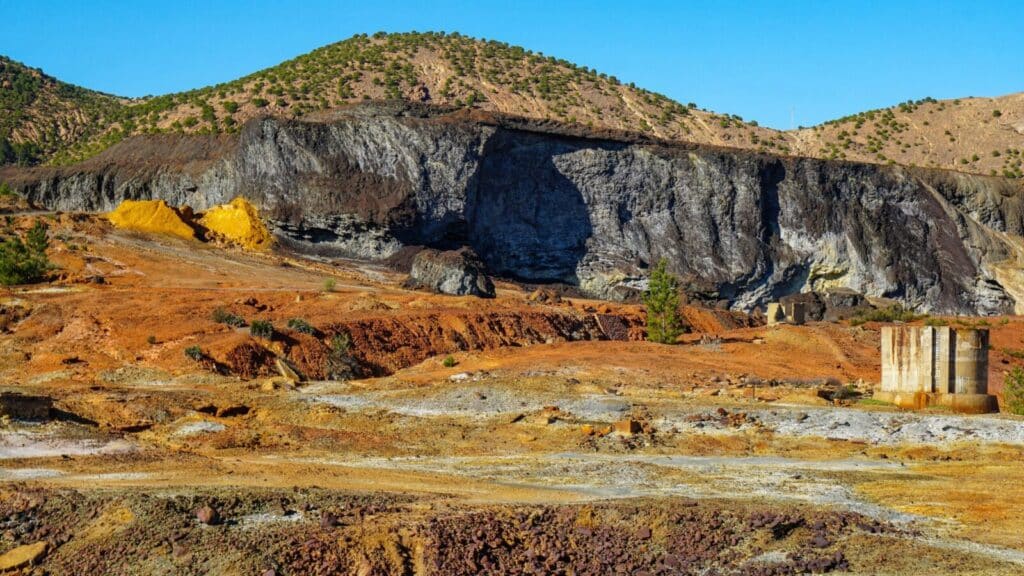 Explore the vibrant mining landscape of Minas de Riotinto, Spain, with its colorful rocky terrain.