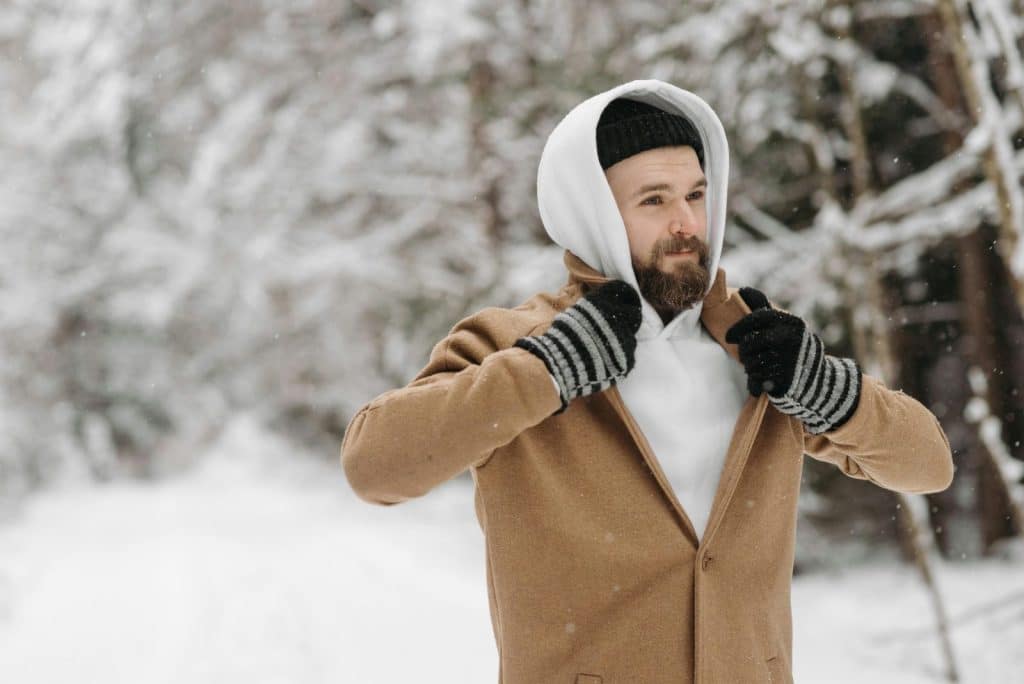 Bearded man in warm winter attire adjusting his hoodie in a snowy outdoor setting.