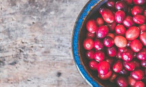 Colorful fresh cranberries in a textured blue bowl on a wooden tabletop creating a rustic and healthy food theme.
