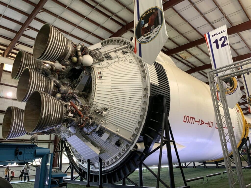 Close-up of Apollo 12 rocket engine on display at Space Center Houston.