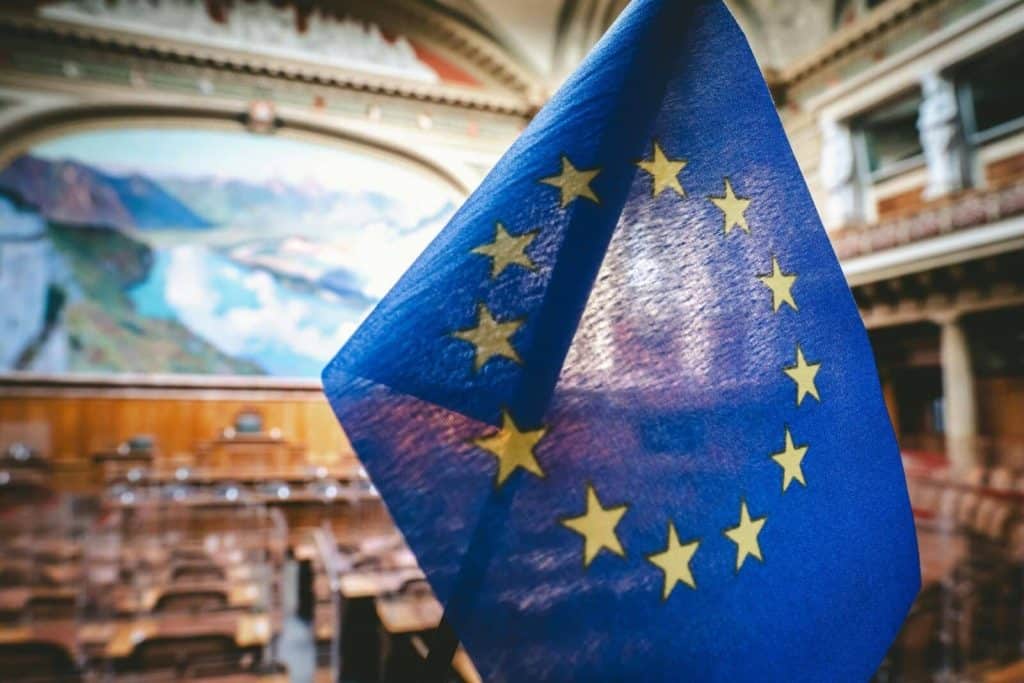 Close-up of the European Union flag inside the Swiss Parliament's National Council chamber in Bern.
