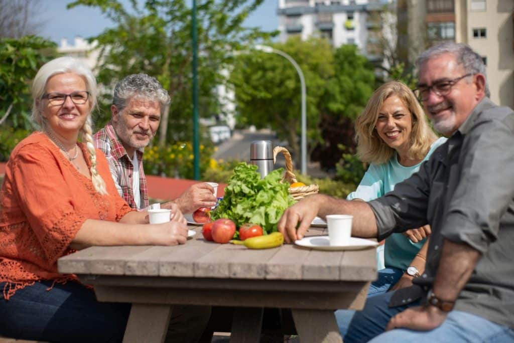A group of seniors enjoying a sunny outdoor picnic in Portugal, socializing and smiling.