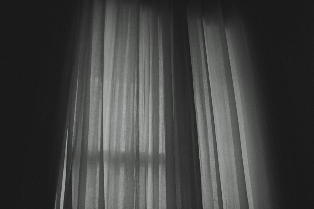 A moody black and white image of translucent curtains casting shadows indoors.