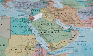 Detailed close-up image of a map focusing on Middle East and North Africa.