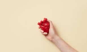 A realistic red anatomical heart model held firmly in a hand against a beige background.