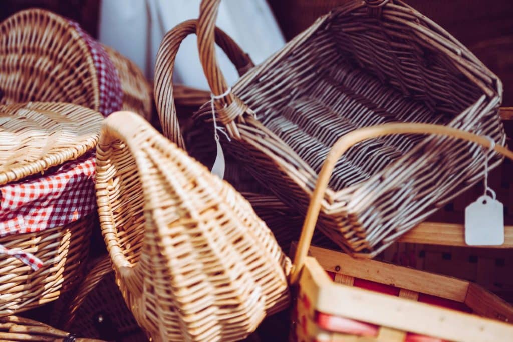 A variety of handcrafted wicker baskets showcasing traditional craftsmanship.