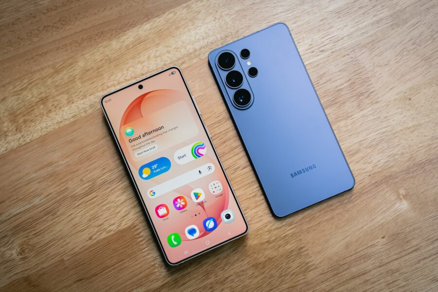 Two smartphones displayed on a wooden surface.
