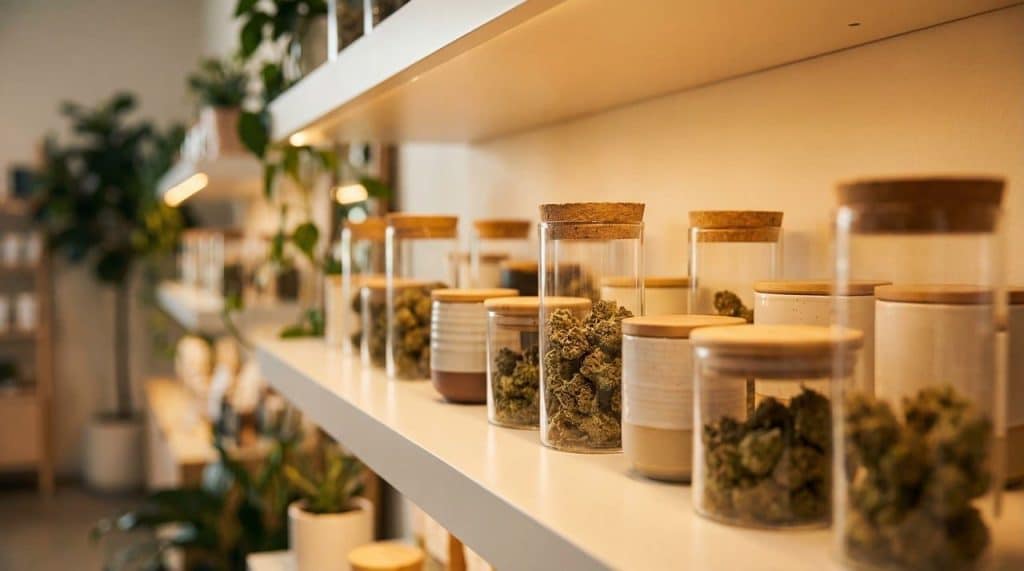 cannabis dispensary, glass jars, cork lid jars, product display, warm lighting, modern dispensary, cannabis flower, wooden shelf, dispensary interior, weed shop, cannabis products, marijuana buds, indoor plants, marijuana dispensary, retail display, forty, cannabis store, interior design