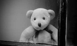 window, glass, dirt, dust, teddy, teddy bear, blackboard, abandoned, alone, sad, old, toy, baby, child, background, black, white, gray alone, gray blackboard