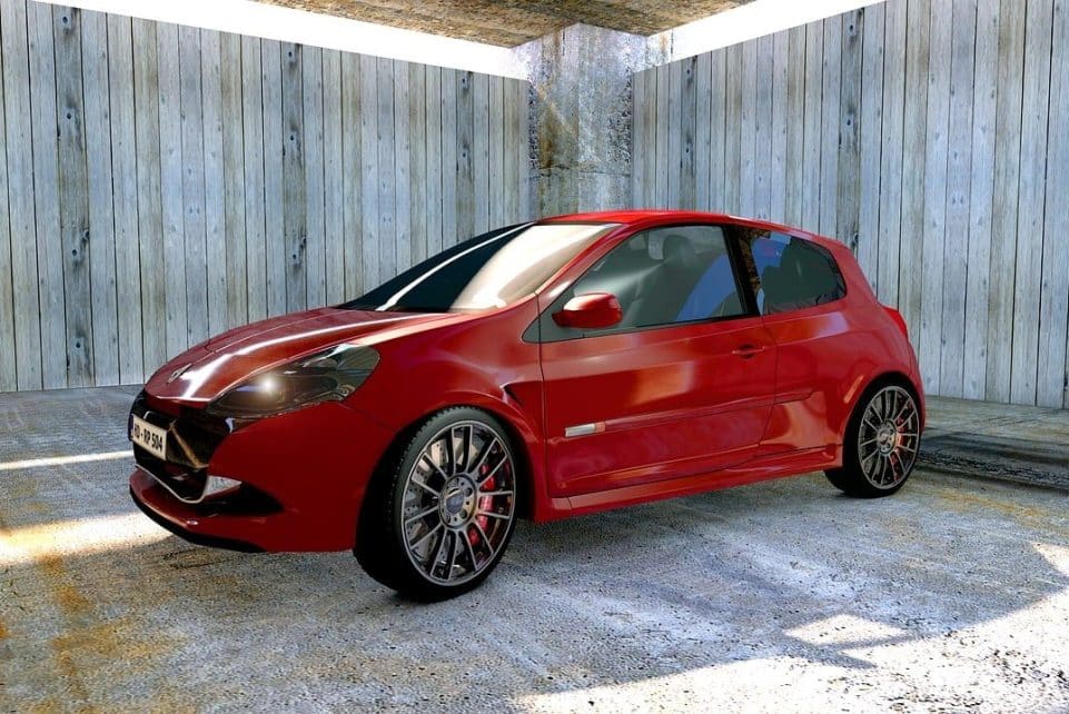 renault clio, car, garage, red car, supermini car, auto, automobile, parked, renault, 3d, car, car, car, car, car, garage, garage, red car