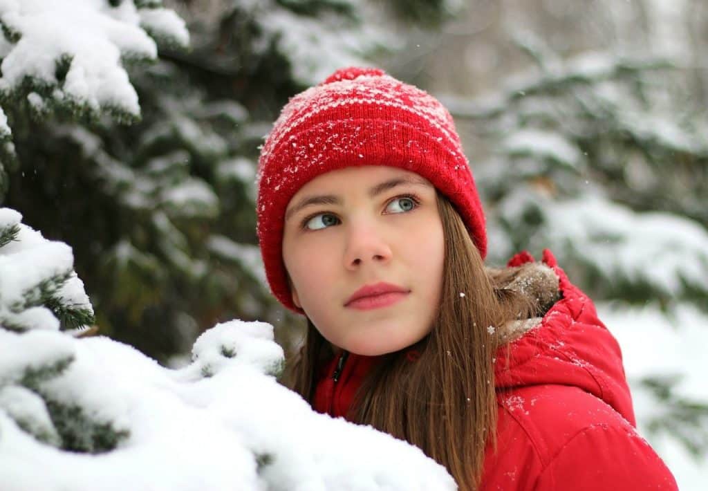 snow, young woman, winter, red, hat, cold, street, christmas, new year, weather, nature, forest, christmas tree