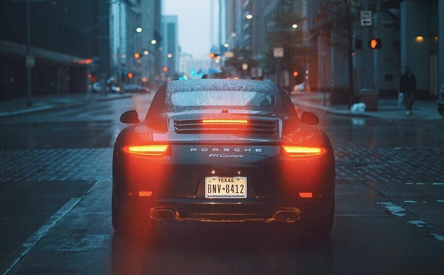 porsche, car, brake lights, tail lights, car wallpapers, stop, stopped, rain, rainfall, raining, street, city street, luxury car, vehicle, transportation, drive, city, rainy, road, urban, nature, wet