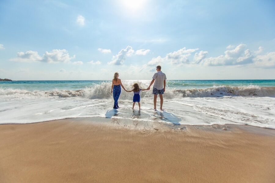 beach, family, fun, leisure, ocean, relaxation, sand, sea, seashore, sky, nature, summer, sunny, vacation, water, wave, parenthood, parents, child