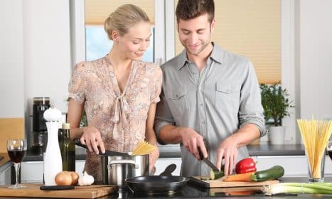 happy valentines day, woman, man, kitchen, food preparation, couple, relationship, together, cooking, pair, cutting, chopping, everyday life, blonde, cutting board, vegetables, happy couple, stove, cook, knife, noodles