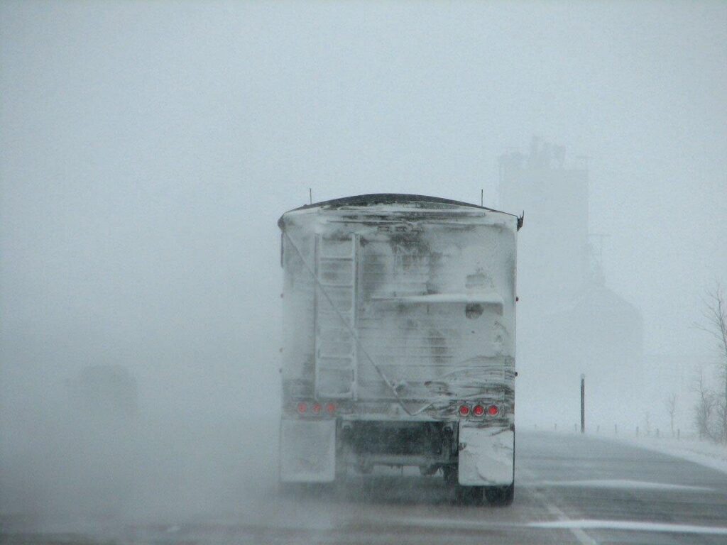 snow, winter, driving, weather, storm, visibility, truck, highway, road, conditions, blue road, nature, blue truck, blue storm