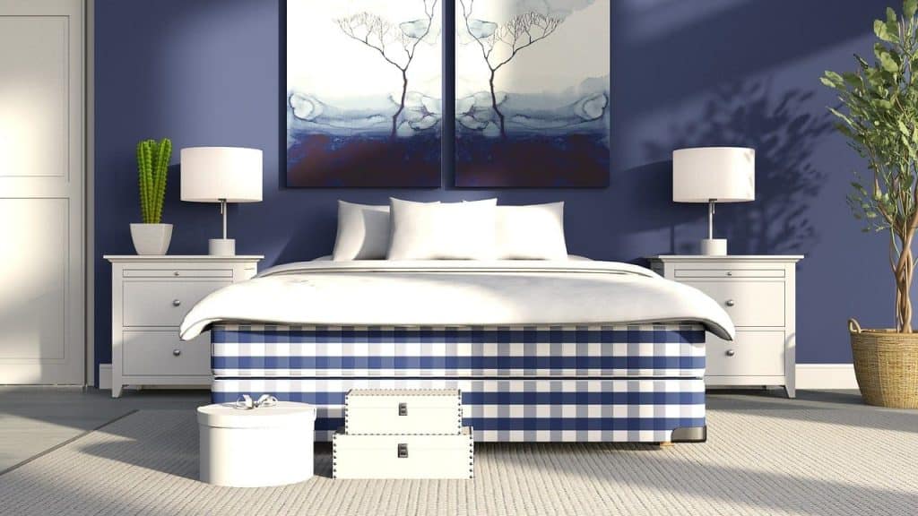 bed, plaid, nature, pattern, bedside table, lamp, white, wall, blue, ficus, plant, carpet, interior, pictures, cactus, light, bedroom