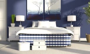 bed, plaid, nature, pattern, bedside table, lamp, white, wall, blue, ficus, plant, carpet, interior, pictures, cactus, light, bedroom