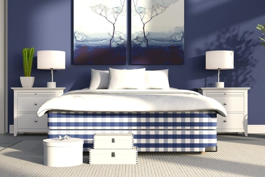 bed, plaid, nature, pattern, bedside table, lamp, white, wall, blue, ficus, plant, carpet, interior, pictures, cactus, light, bedroom