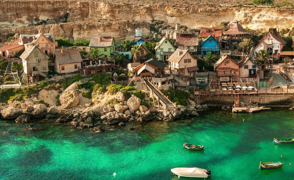 popeye village, malta, architecture, travel, tourism, scenery, village, color, landscape, holiday, sea, nature, adventure, anchor bay, summer, hill